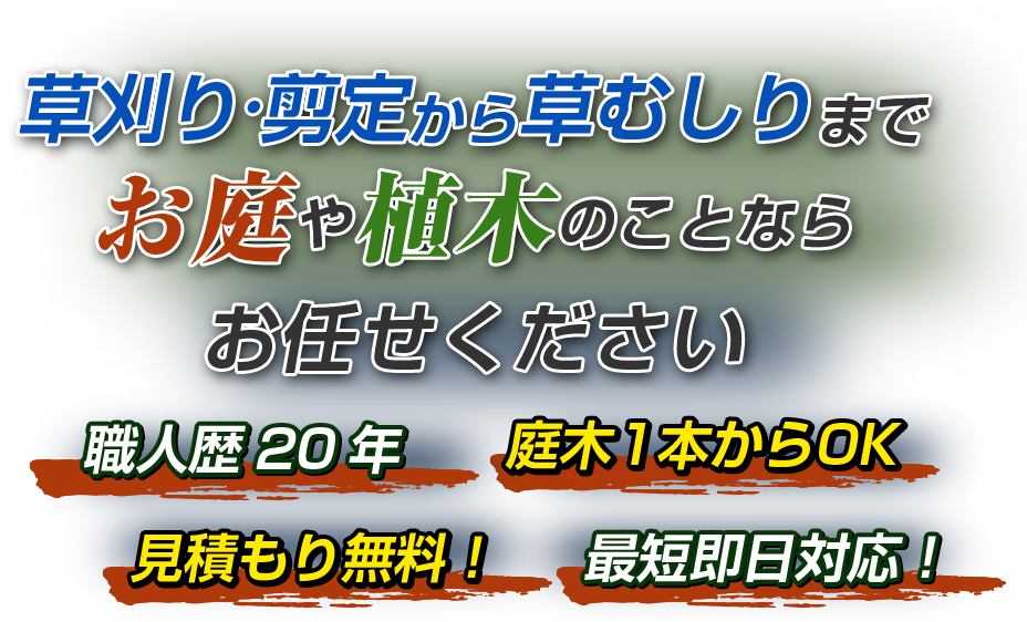 草刈り・剪定から草むしりまでお庭や植木のことならお任せ下さい　職人歴20年　庭木1本からOK 見積もり無料！最短即日対応！